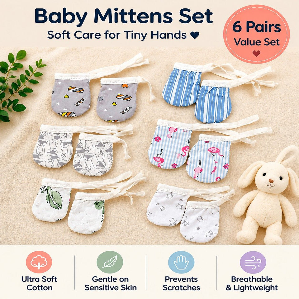 Fareto New Born Baby Cotton Mittens Set (6-9 Months) (Pack of 6 Sets)(F51)