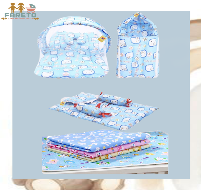 Fareto New Born Baby Combo of Mattress with Net | Sleeping Bag | 4 Pcs Bedding Set | 4 Sheets(0-6 Months)