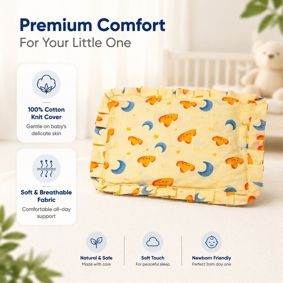 Fareto new born baby super soft cover mustard filling pillow for round head(0-1 YEAR)(F348)
