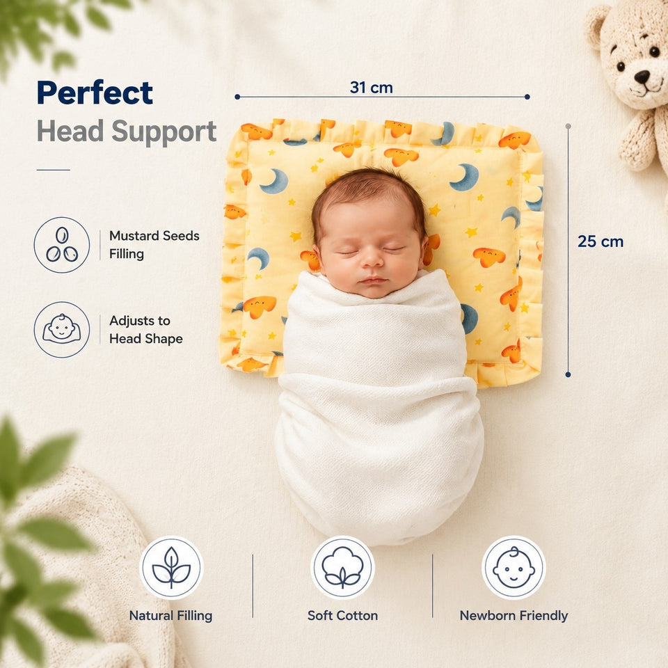 Fareto new born baby super soft cover mustard filling pillow for round head(0-1 YEAR)(F348)