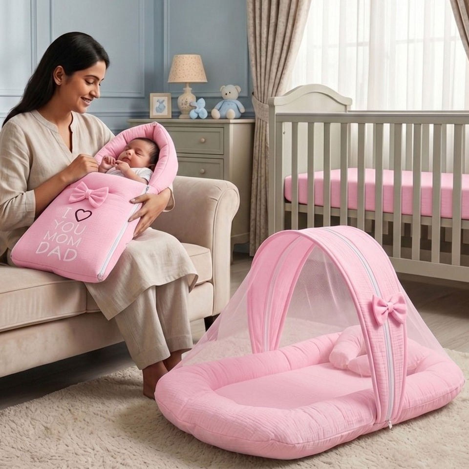 Fareto Newborn Baby 100% Muslin Cotton Sleeping Bag & Mosquito Net | Safe, Soft & Portable Baby Bed | Baby Bedding Set(0-1 Year)(F777)