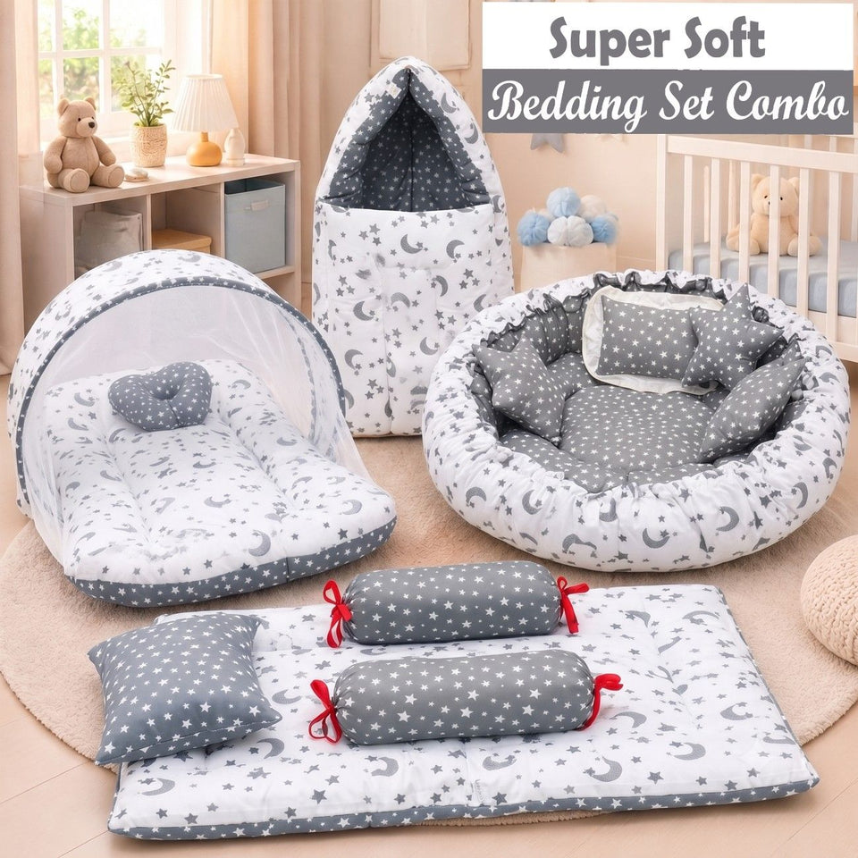 Fareto Combo of Baby Nest | Net with Bed | Carry Bag | 4 Pcs Bedding Set(0-6 Months )(F156)