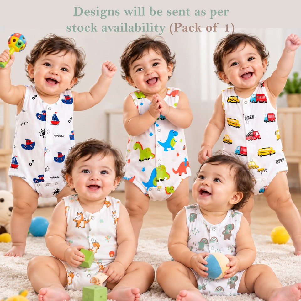Fareto Newborn Baby Romper | 100% Muslin Cotton | Sleeveless Front Snap Button Bodysuit | Pack Of 1 | 0–3 Months(F827)