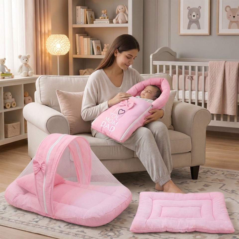 Fareto Newborn Baby 100% Muslin Cotton Sleeping Bag & Mosquito Net & Hand Carry Bed  | Safe, Soft & Portable Baby Bed | Baby Bedding Set(0-1 Year)(F778)