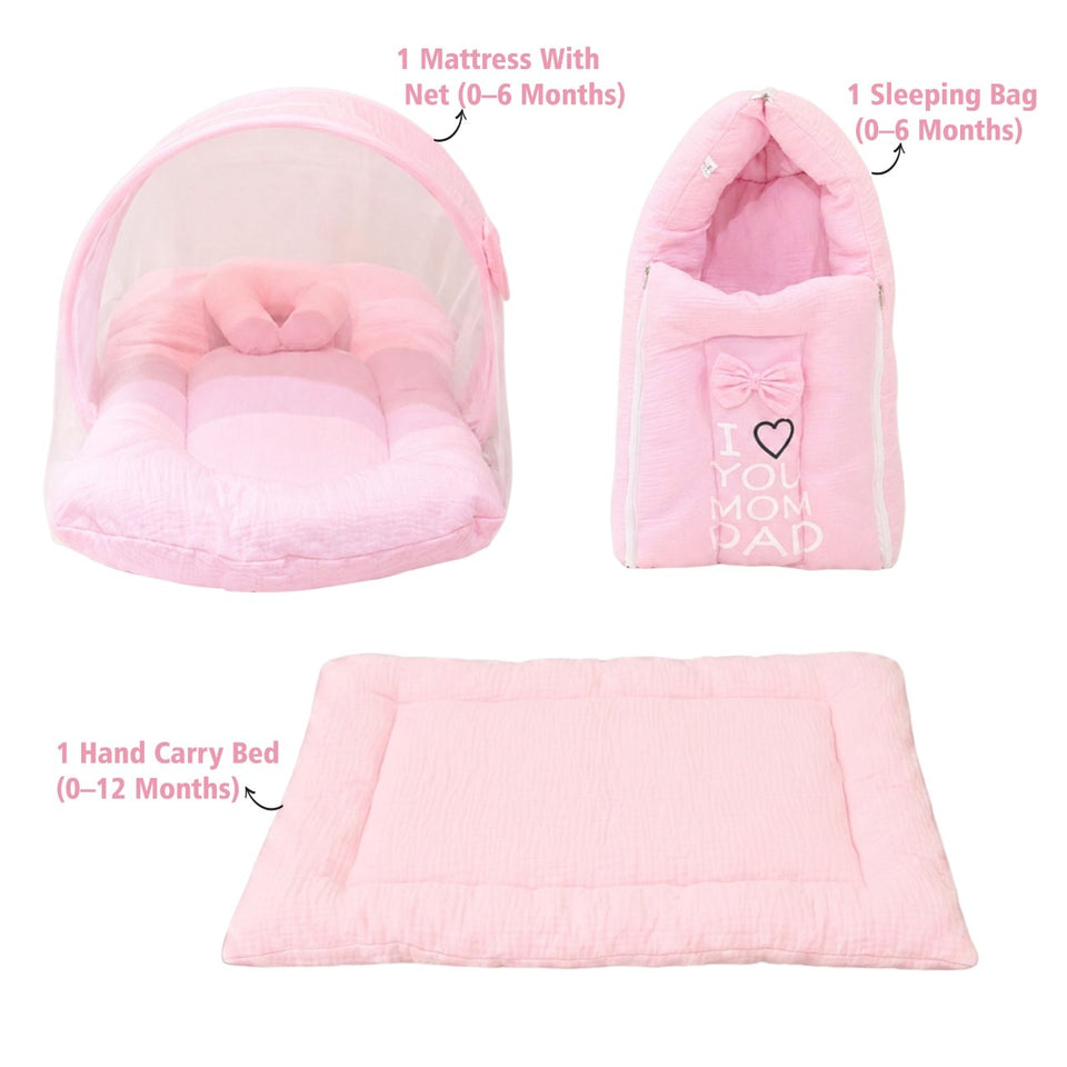 Fareto Newborn Baby 100% Muslin Cotton Sleeping Bag & Mosquito Net & Hand Carry Bed  | Safe, Soft & Portable Baby Bed | Baby Bedding Set(0-1 Year)(F778)