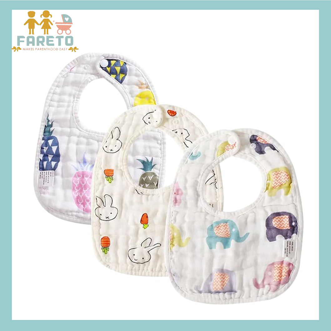 Fareto New Born Baby Muslin Bibs with Adjustable , Super Absorbent, Soft, Comfortable & Lightweight, Pack of 3