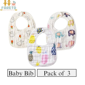 Fareto New Born Baby Muslin Bibs with Adjustable , Super Absorbent, Soft, Comfortable & Lightweight, Pack of 3