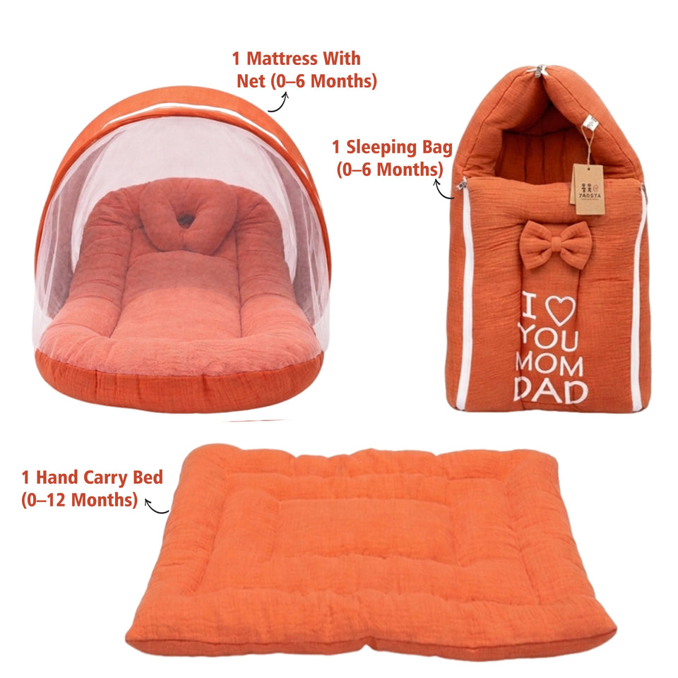Fareto Newborn Baby 100% Muslin Cotton Sleeping Bag & Mosquito Net & Hand Carry Bed  | Safe, Soft & Portable Baby Bed | Baby Bedding Set(0-1 Year)(F741)