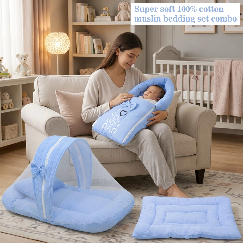 Fareto Newborn Baby 100% Muslin Cotton Sleeping Bag & Mosquito Net & Hand Carry Bed  | Safe, Soft & Portable Baby Bed | Baby Bedding Set(0-1 Year)(F726)