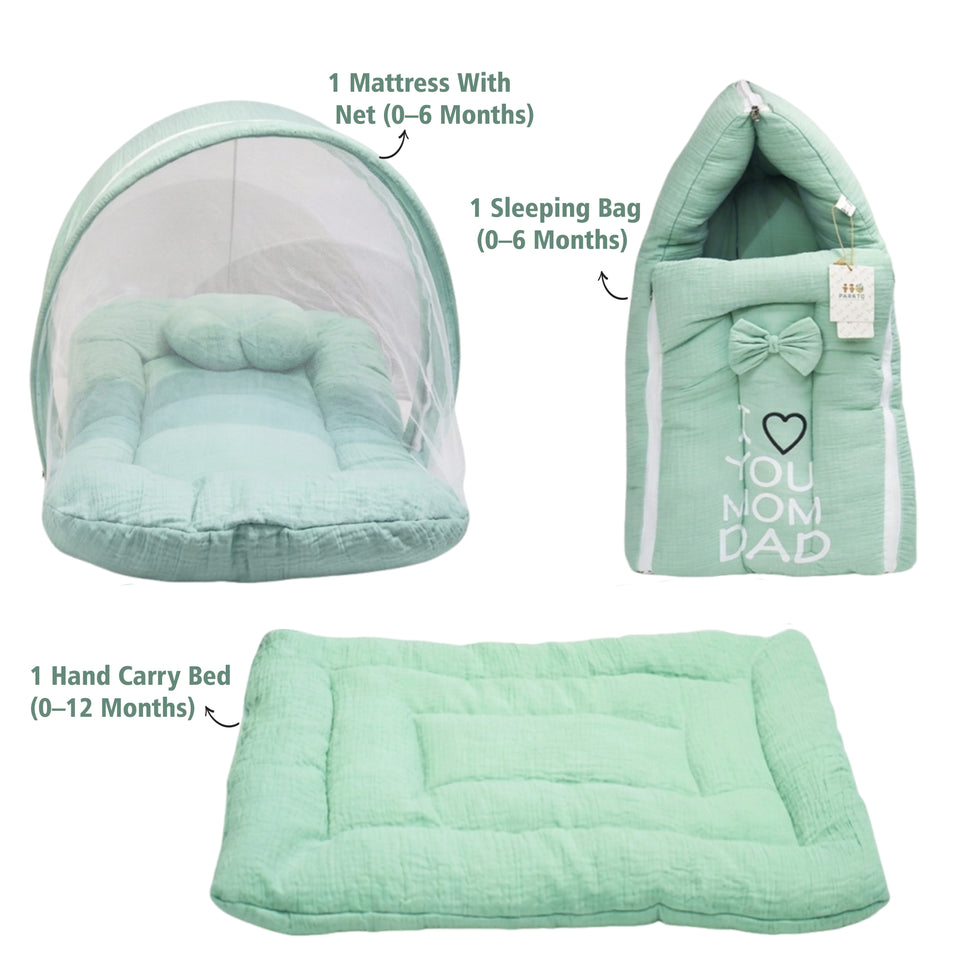 Fareto Newborn Baby 100% Muslin Cotton Sleeping Bag & Mosquito Net &Hand Carry Bed   | Safe, Soft & Portable Baby Bed | Baby Bedding Set(0-1 Year)(F727)