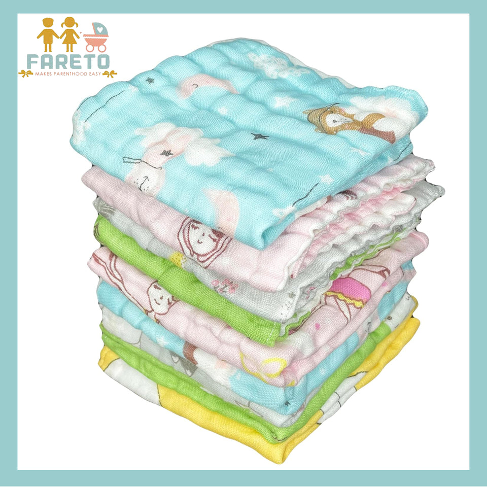 Fareto Premium Muslin 6 Layer Cotton Face Napkins for Newborn Baby Extra Soft Hankies Reusable Napkins(Pack of 5)