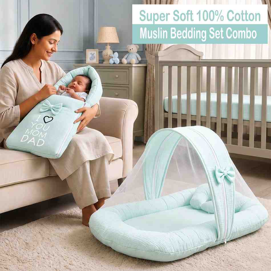 Fareto Newborn Baby 100% Muslin Cotton Sleeping Bag & Mosquito Net | Safe, Soft & Portable Baby Bed | Baby Bedding Set(0-1 Year)(F772)
