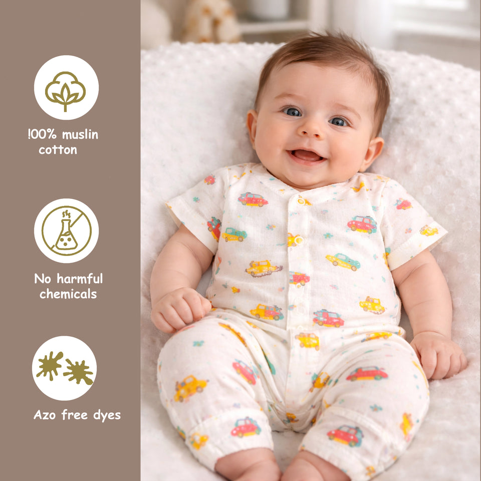 Fareto Baby Muslin Cotton Daily Wear Suit Set | Soft & Breathable Shirt + Pajama (Pack of 2) | 0-6 Months / Infant Boys & Girls(F615)
