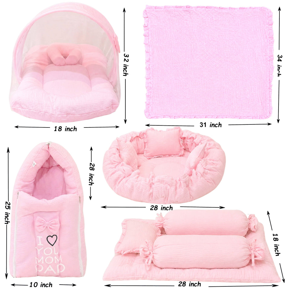 Fareto Newborn Baby 100% Muslin Cotton Bedding Set Combo | Sleeping Bag | Mattress with Net | Nest  | Blanket | Hand Carry Bed & Bolster Set |  (0-6 Months)(F745)