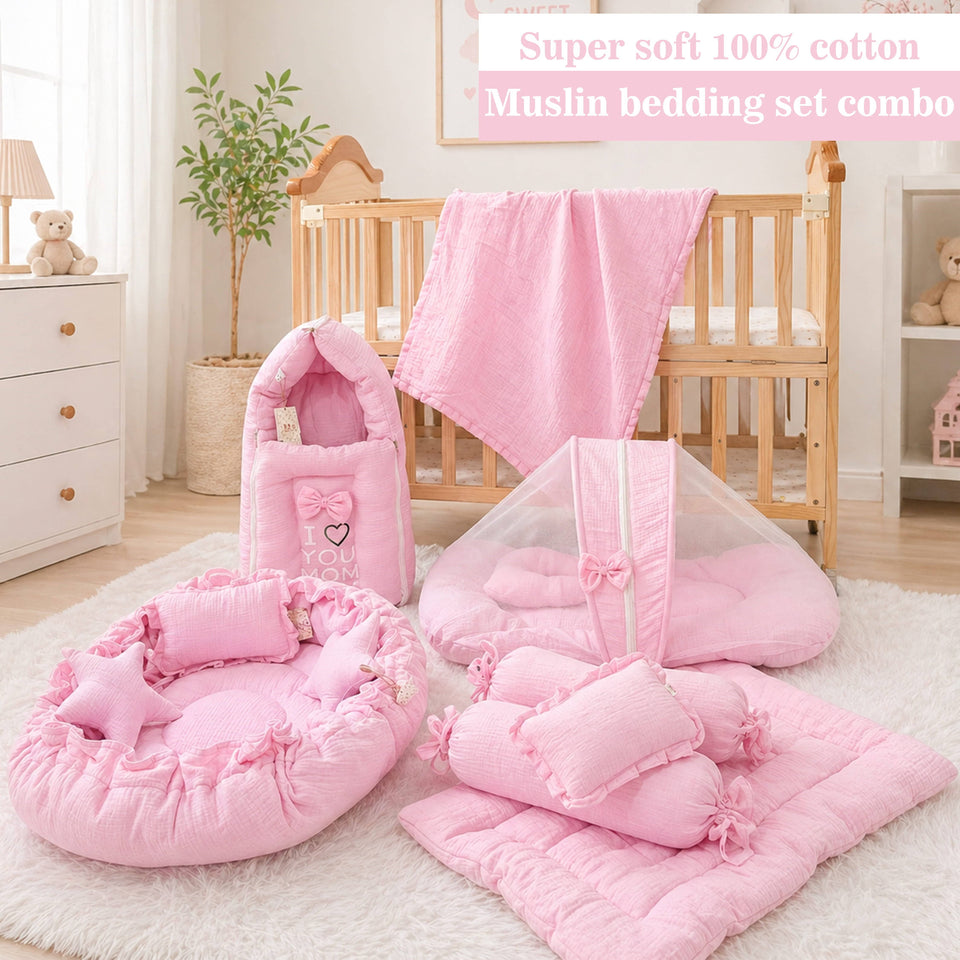 Fareto Newborn Baby 100% Muslin Cotton Bedding Set Combo | Sleeping Bag | Mattress with Net | Nest  | Blanket | Hand Carry Bed & Bolster Set |  (0-6 Months)(F745)