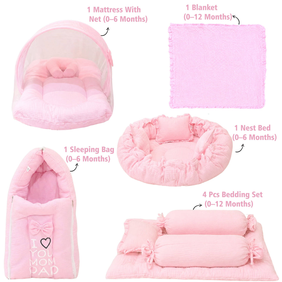Fareto Newborn Baby 100% Muslin Cotton Bedding Set Combo | Sleeping Bag | Mattress with Net | Nest  | Blanket | Hand Carry Bed & Bolster Set |  (0-6 Months)(F745)