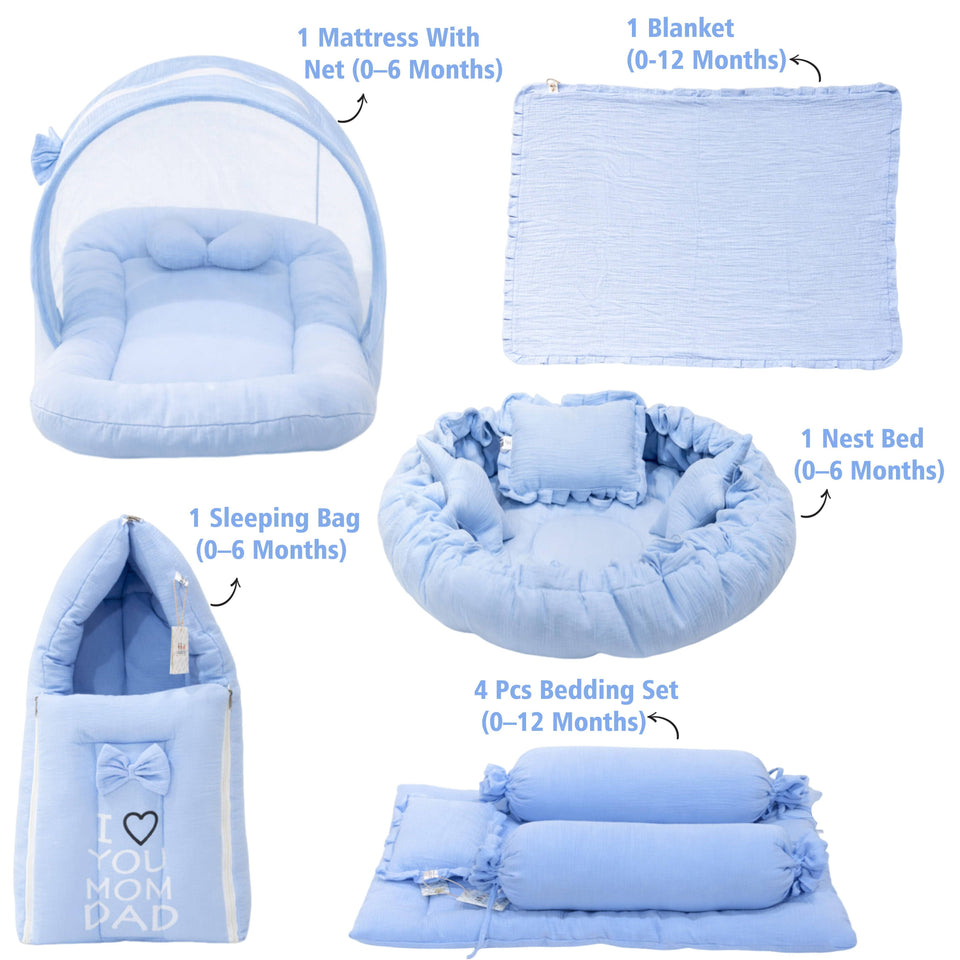 Fareto Newborn Baby 100% Muslin Cotton Bedding Set Combo | Sleeping Bag | Mattress with Net | Nest  | Blanket | Hand Carry Bed & Bolster Set |  (0-6 Months)(F721)