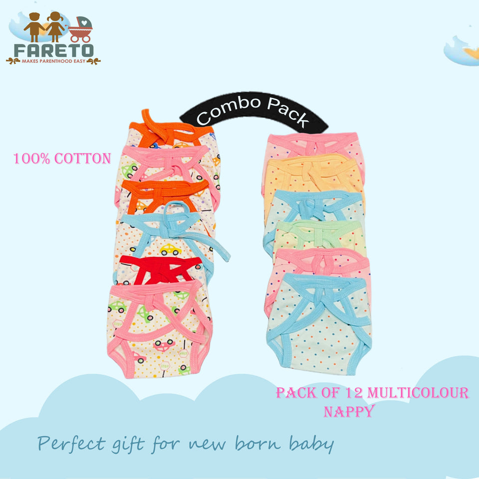 Fareto New Born Baby Cloth Diapers Langot, Newborn Baby Cotton Diapers, Washable, Reusable Nappies for 0-3 Months Babies (Pack of 12)(Teddy)