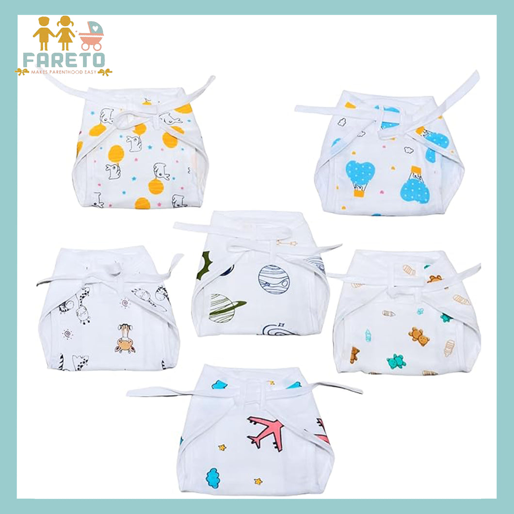 Fareto Organic Cotton Muslin Cushioned Nappy with 3 Layer | Soft and Breathable Langot for Baby | Pack of 6 Nappy (0-3 Months)