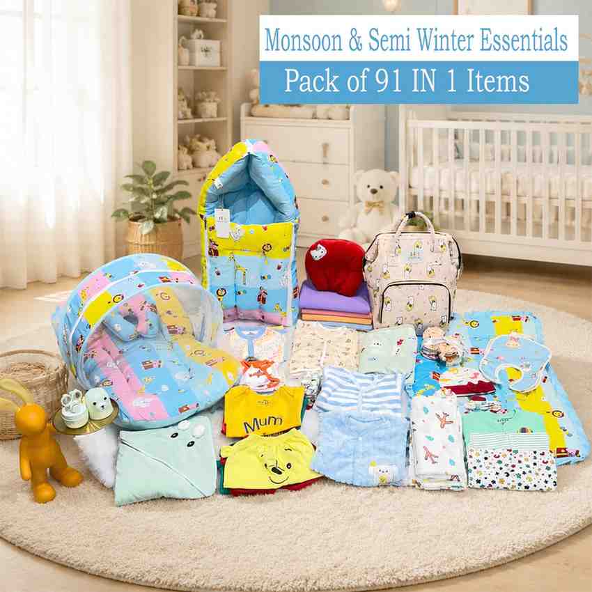 Fareto Premium Newborn Baby Boys' & Girls' Semi-Winter Hospital Essential Combo | 91-in-1 Gift Pack | Baby Products, Maternity Essentials & Bedding Set | 0–6 Months (F587)