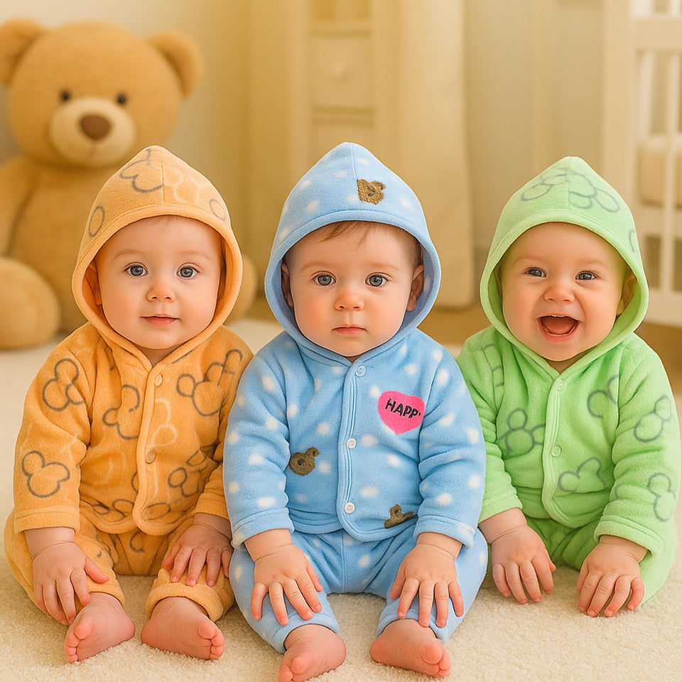 Fareto New Born Baby Winter Wear Hooded Shirt & Pyjama Set – Pack of 3 | 0-3 Months | Soft & Warm | Unisex (Colors May Vary)(F600)