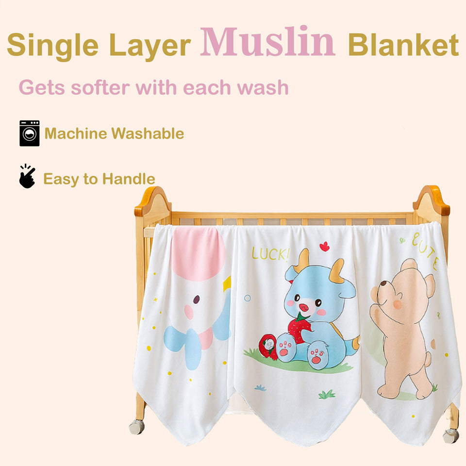 Fareto  Super Soft Baby  Blanket | Cute Cartoon Bear Design | Muslin blanket | Skin-Friendly & Lightweight | Perfect for Newborn Gifting |(Pack of 1) (115x102 cm)(0-3Years)(Designs May Vary)(F603)