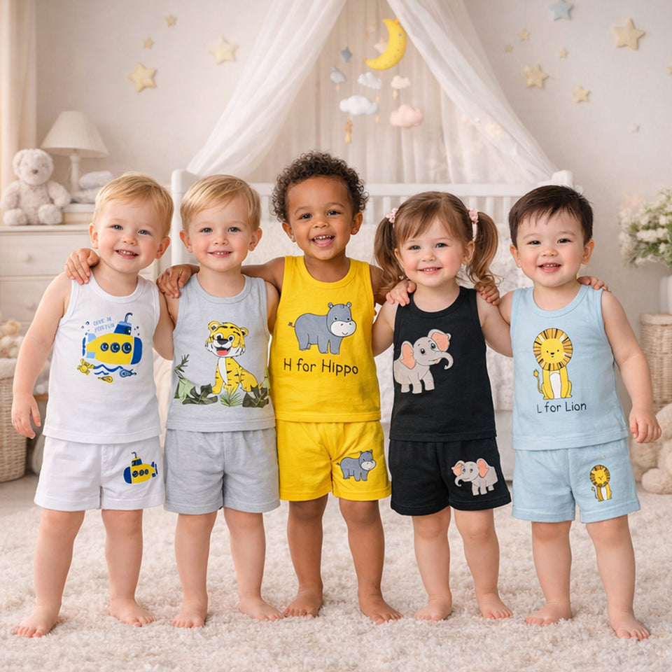 FARETO  BABY AND KIDS  DAILY WEAR NEKAR AND T-SHIRT CO-ORD SET  (PACK OF 5)(F377)