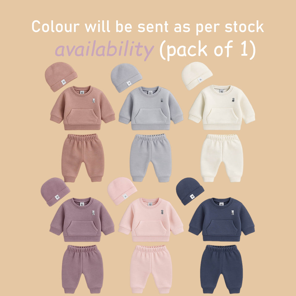 Fareto Baby Co-Ord Set | Sweatshirt, Pajama & Cap for Newborn & Infants | Super Soft & Warm Winter Wear (0-2M) | Pack of 1(F676)