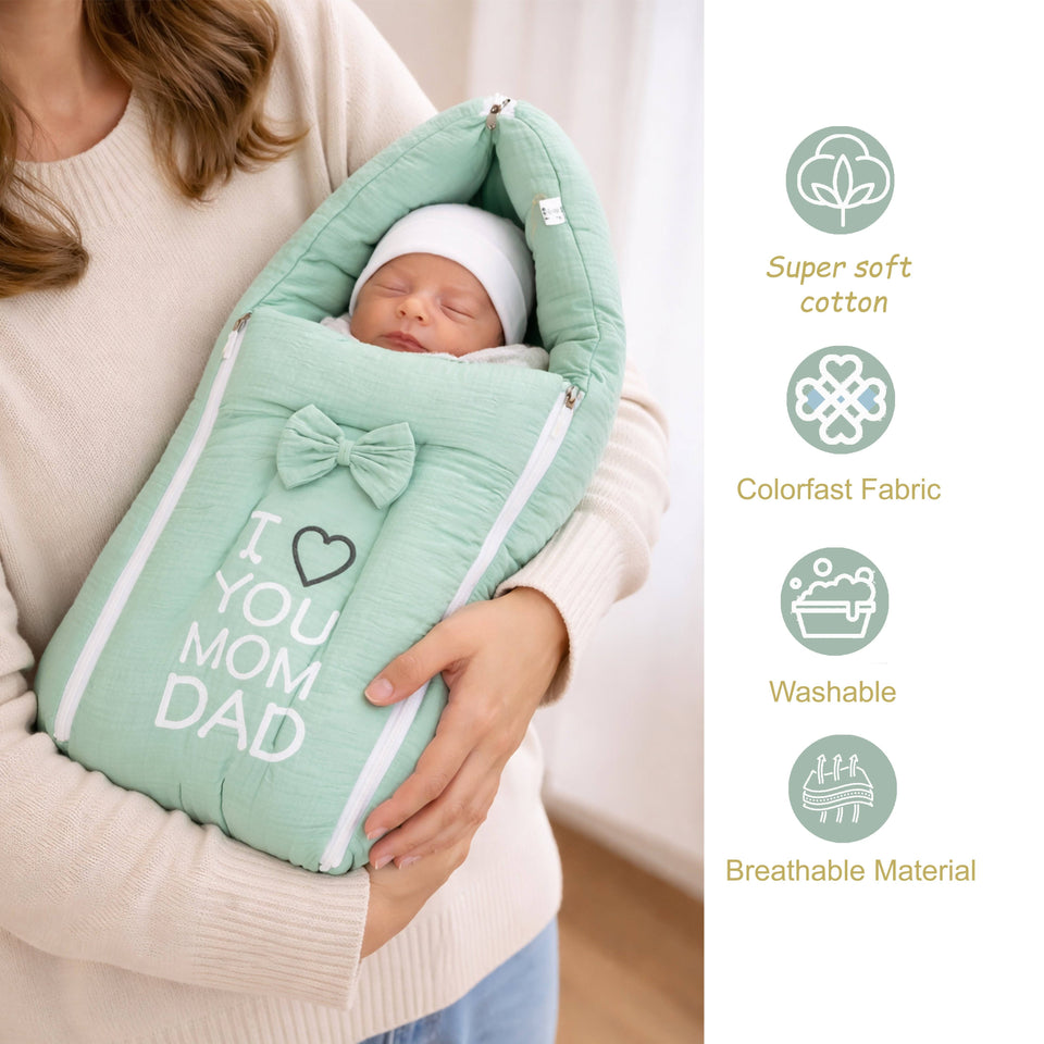 Fareto Newborn Baby 100% Muslin Cotton Bedding Set Combo | Sleeping Bag | Mattress with Net | Nest | Blanket | Hand Carry Bed & Bolster Set |Portable bed | Feeding pillow (0-6 Months)(F750)