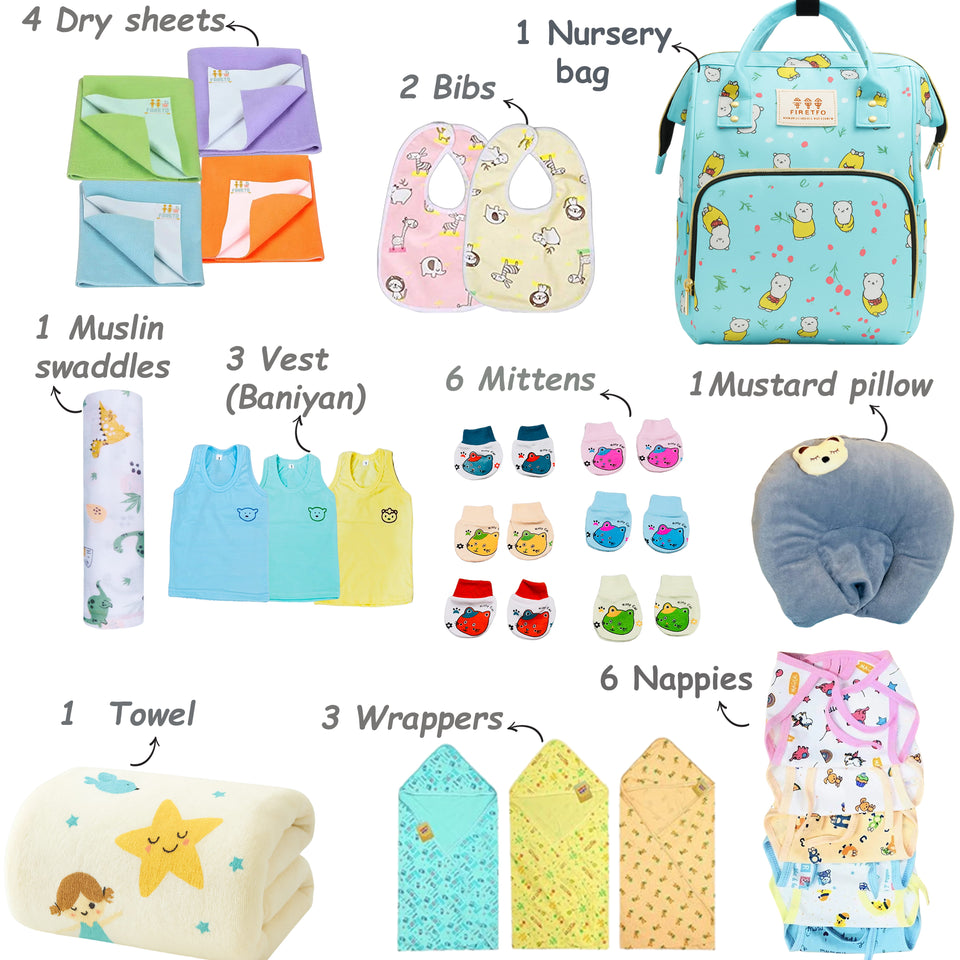 Fareto Newborn Baby Summer Hospital Essentials Combo | 59-in-1 Maternity & Bedding Gift Set (0–6 Months)(F713)