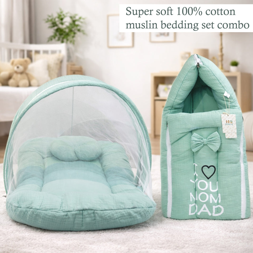 Fareto Newborn Baby 100% Muslin Cotton Sleeping Bag & Mosquito Net | Safe, Soft & Portable Baby Bed | Baby Bedding Set(0-1 Year)(F689)