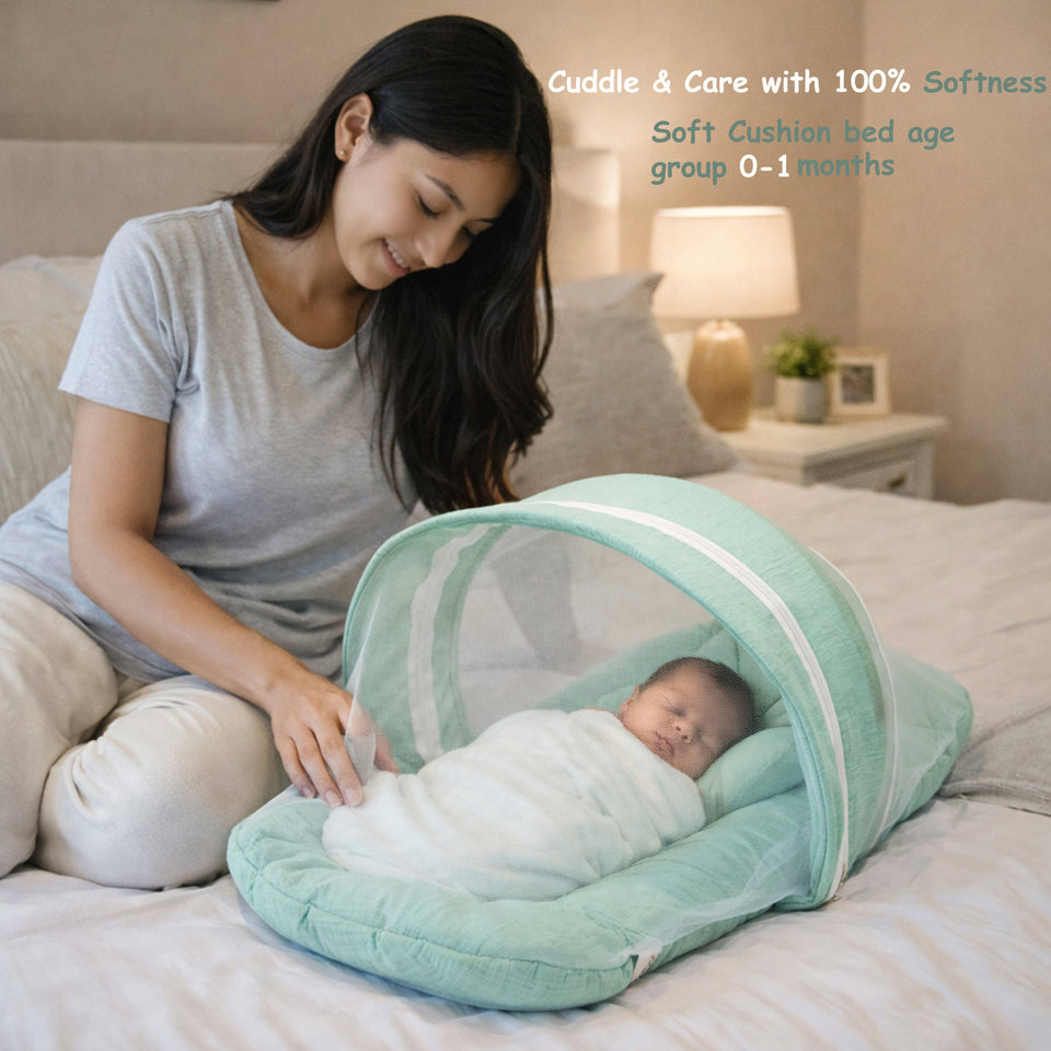 Fareto Newborn Baby 100% Muslin Cotton Bedding Set Combo | Sleeping Bag | Mattress with Net | Nest | Blanket | Hand Carry Bed & Bolster Set |Portable bed | Feeding pillow (0-6 Months)(F750)