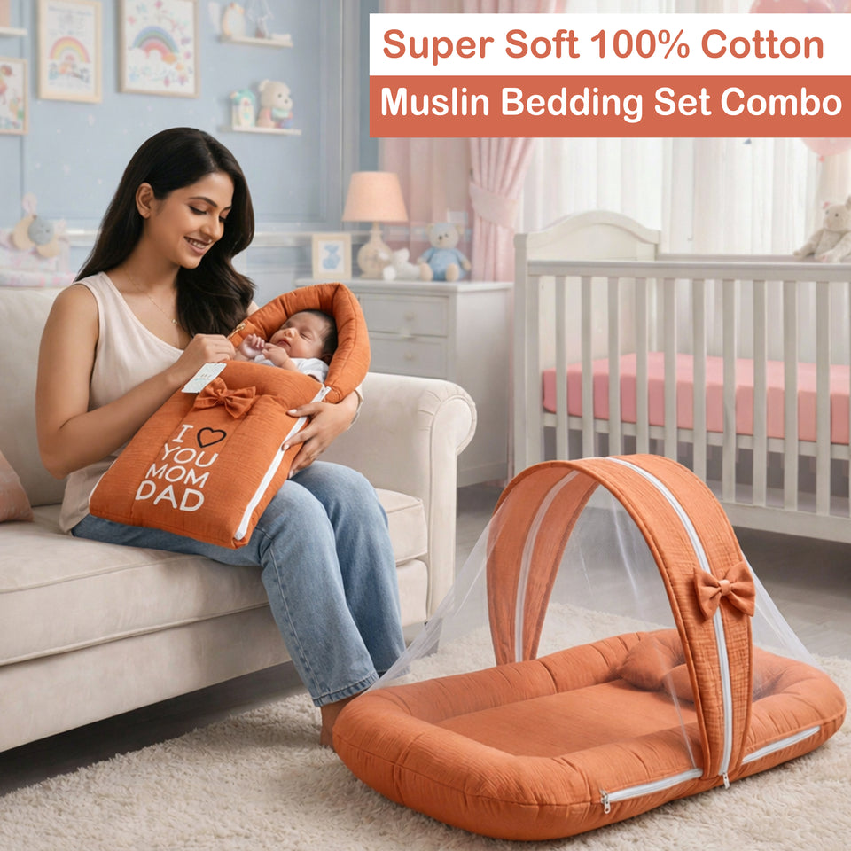 Fareto Newborn Baby 100% Muslin Cotton Sleeping Bag & Mosquito Net | Safe, Soft & Portable Baby Bed | Baby Bedding Set(0-1 Year)(F688)