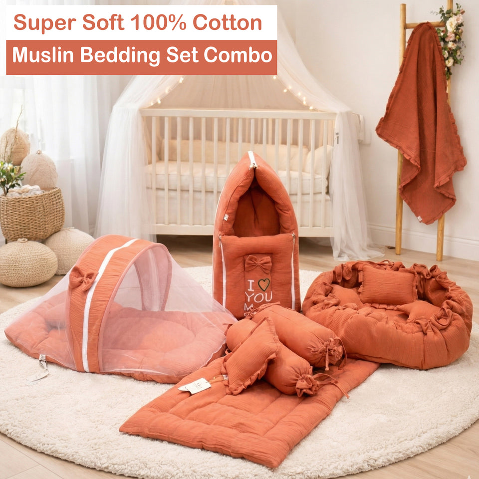 Fareto Newborn Baby 100% Muslin Cotton Bedding Set Combo | Sleeping Bag | Mattress with Net | Nest  | Blanket | Hand Carry Bed & Bolster Set |  (0-6 Months)(F742)