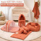 Fareto Newborn Baby 100% Muslin Cotton Bedding Set Combo | Sleeping Bag | Mattress with Net | Nest  | Blanket | Hand Carry Bed & Bolster Set |  (0-6 Months)(F742)