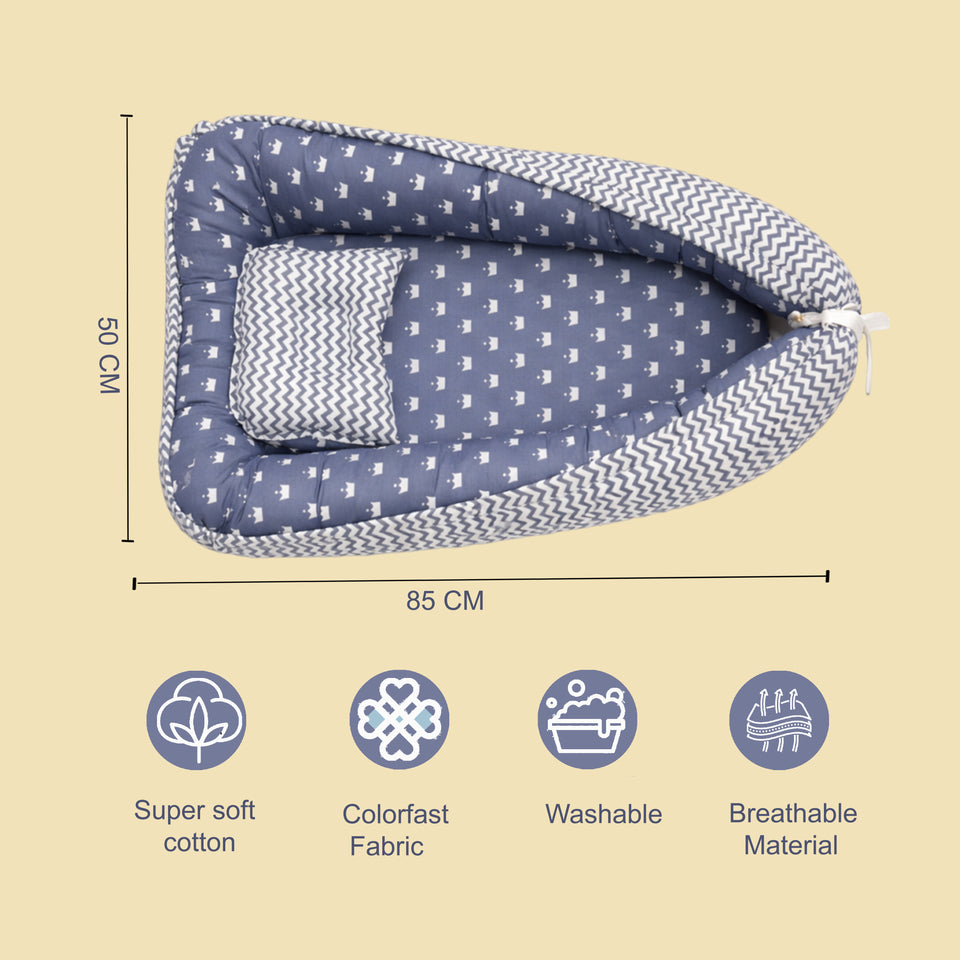 Fareto Reversible Oval Nest Baby Lounger Bed with Head Pillow | Soft Cotton Newborn Sleeping Nest (0–12 Months) | Breathable & Washable Infant Bed | ( Grey Crown )(F714)