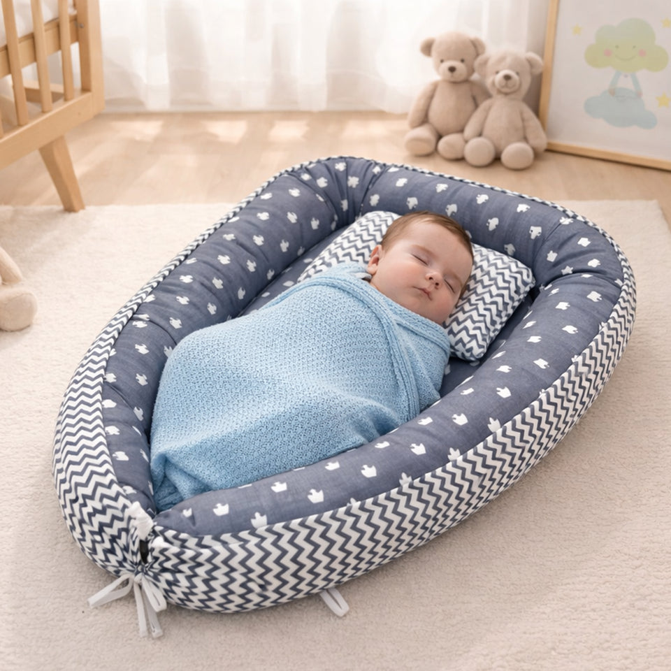Fareto Reversible Oval Nest Baby Lounger Bed with Head Pillow | Soft Cotton Newborn Sleeping Nest (0–12 Months) | Breathable & Washable Infant Bed | ( Grey Crown )(F714)