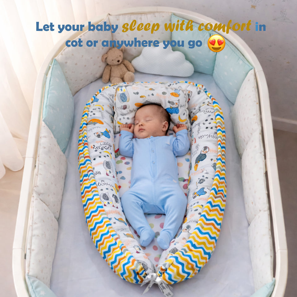 Fareto Reversible Oval Nest Baby Lounger Bed with Head Pillow | Soft Cotton Newborn Sleeping Nest (0–12 Months) | Breathable & Washable Infant Bed | (Good Night Blue)(F716)