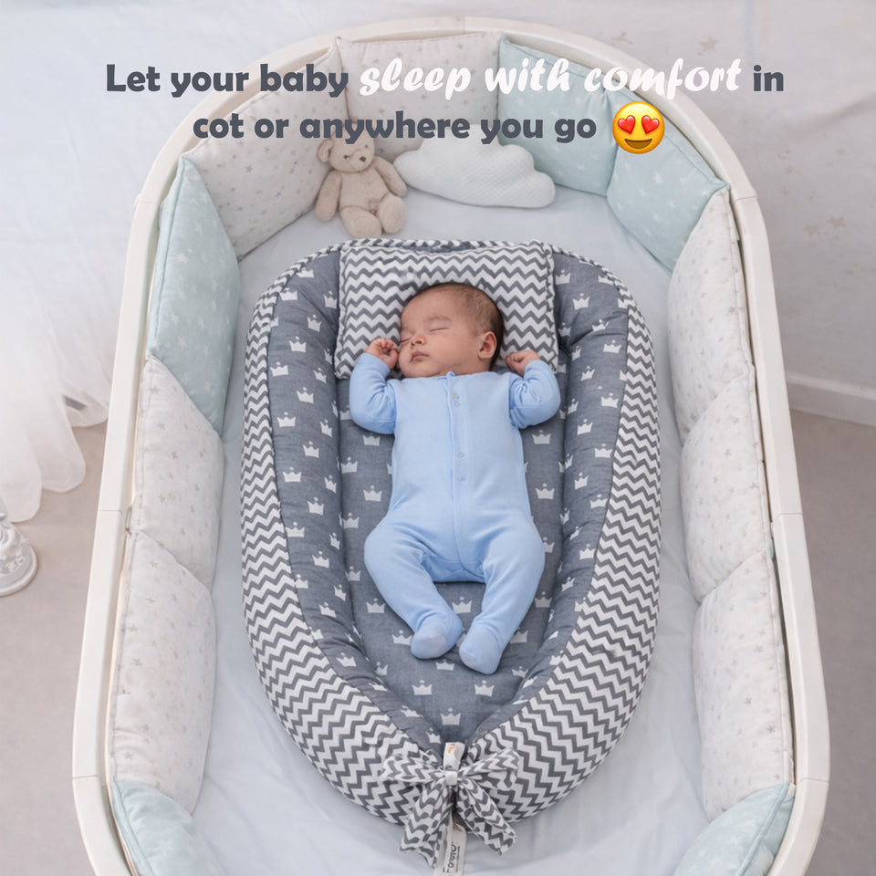 Fareto Reversible Oval Nest Baby Lounger Bed with Head Pillow | Soft Cotton Newborn Sleeping Nest (0–12 Months) | Breathable & Washable Infant Bed | ( Grey Crown )(F714)