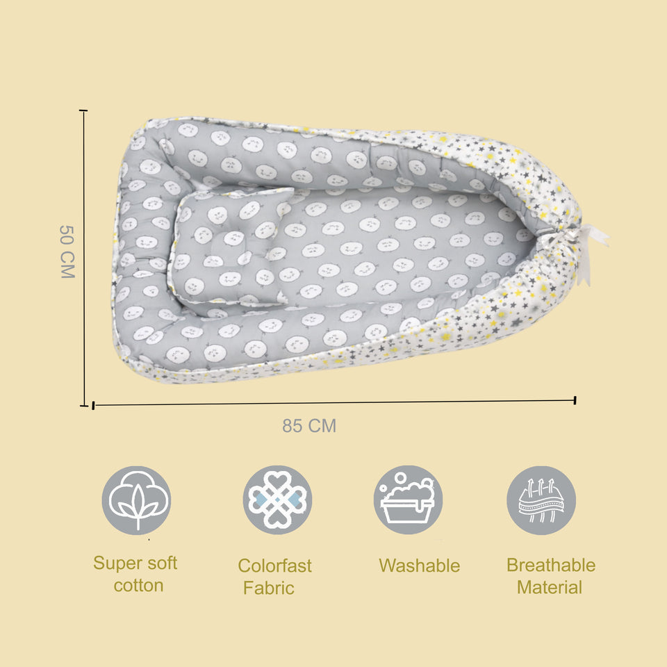 Fareto Reversible Oval Nest Baby Lounger Bed with Head Pillow | Soft Cotton Newborn Sleeping Nest (0–12 Months) | Breathable & Washable Infant Bed | ( Grey Ship )(F715)