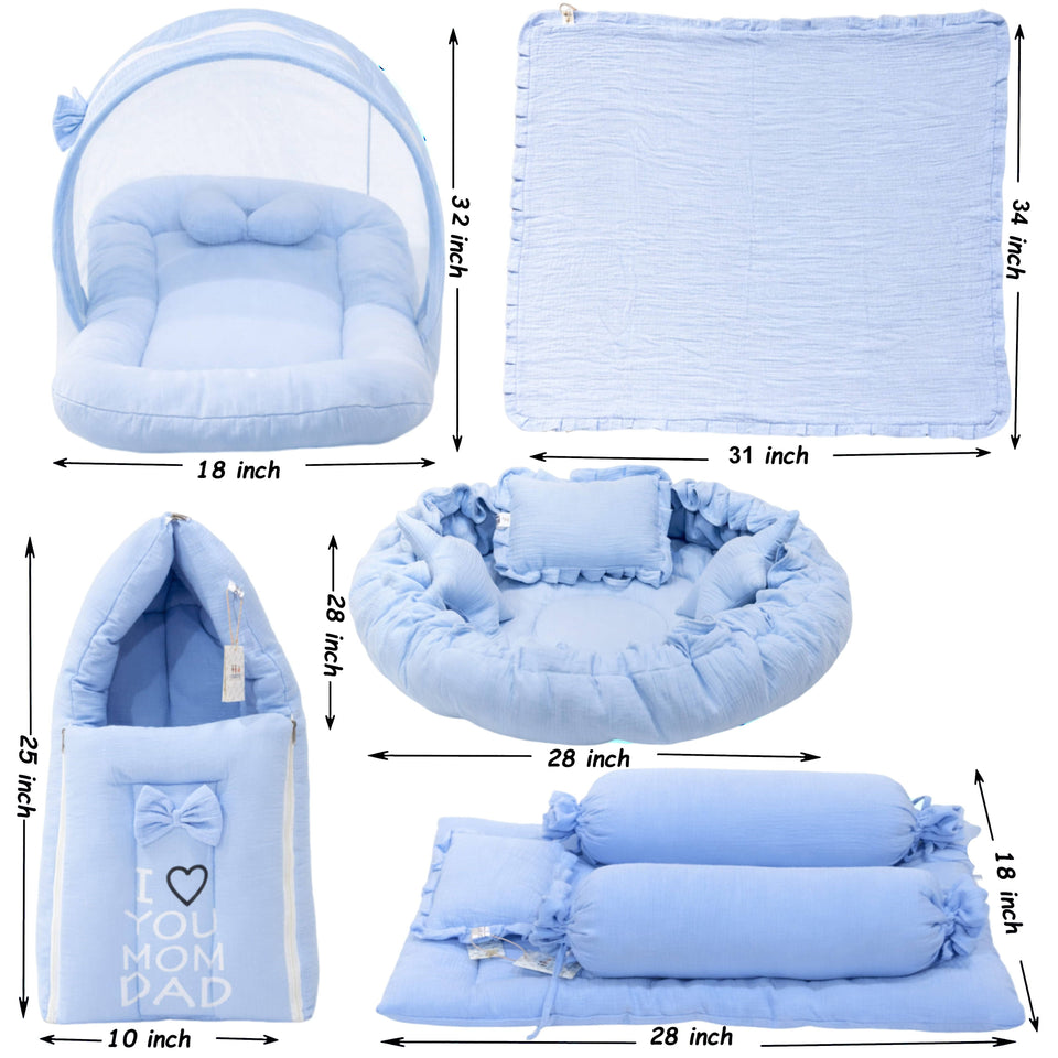 Fareto Newborn Baby 100% Muslin Cotton Bedding Set Combo | Sleeping Bag | Mattress with Net | Nest  | Blanket | Hand Carry Bed & Bolster Set |  (0-6 Months)(F721)