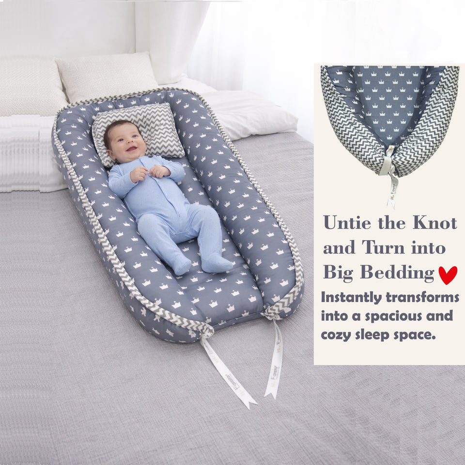 Fareto Reversible Oval Nest Baby Lounger Bed with Head Pillow | Soft Cotton Newborn Sleeping Nest (0–12 Months) | Breathable & Washable Infant Bed | ( Grey Crown )(F714)