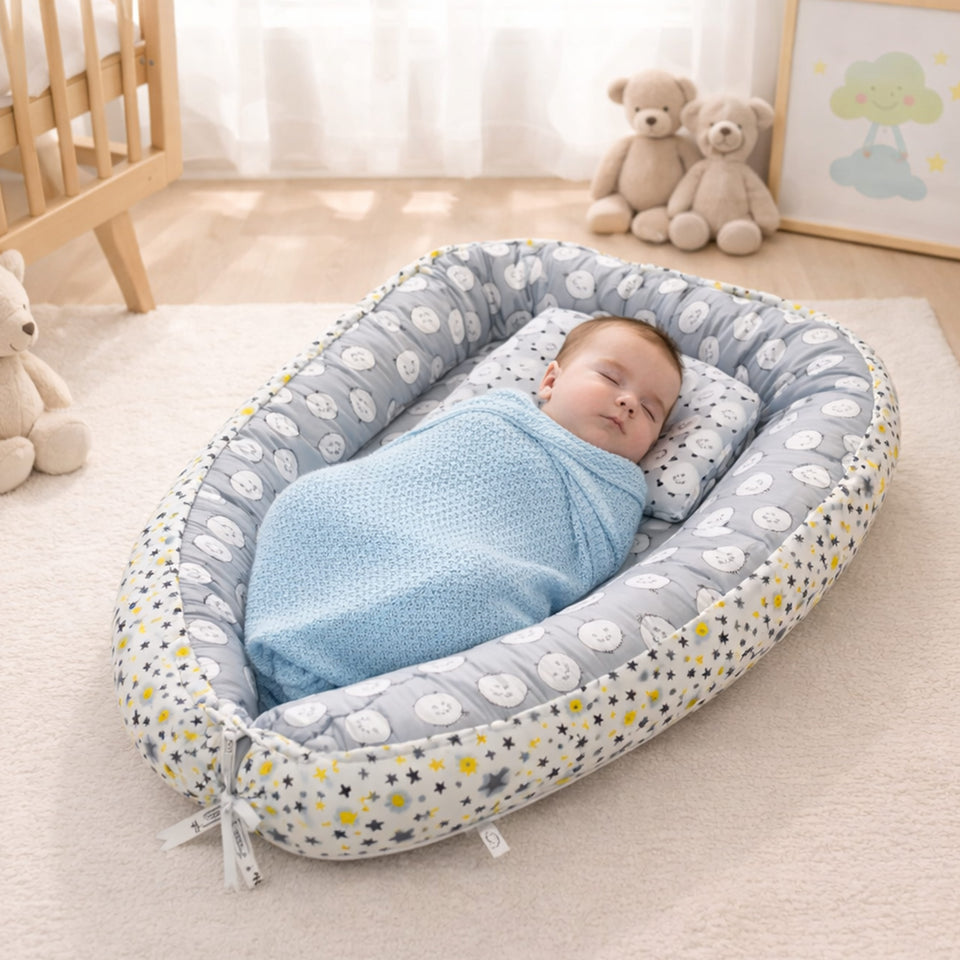 Fareto Reversible Oval Nest Baby Lounger Bed with Head Pillow | Soft Cotton Newborn Sleeping Nest (0–12 Months) | Breathable & Washable Infant Bed | ( Grey Ship )(F715)