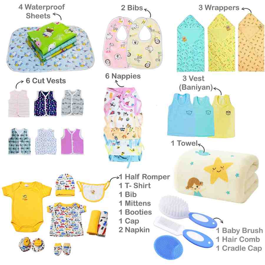 Fareto 77 in 1 New Born Baby Monsoon Season Hospital Essentials Combo, Baby Bedding & Clothing Gift Set for Newborn Boys & Girls (0-6 Months)(F771)