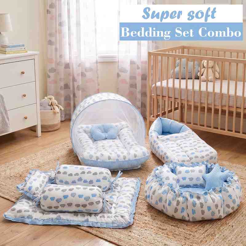 Fareto Complete Bedding Set essentials Combo For Baby (0-6 Months)(Cloud Line Blue)(F260)
