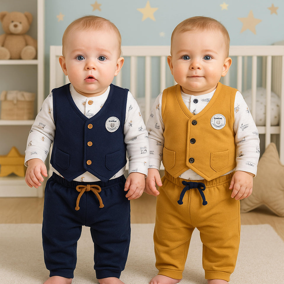 Fareto Baby Boys 3PCS Matching Outfit Set | Vest & Jogger Pants | Soft Cotton Clothing for Infants(Pack of 2)(F673)