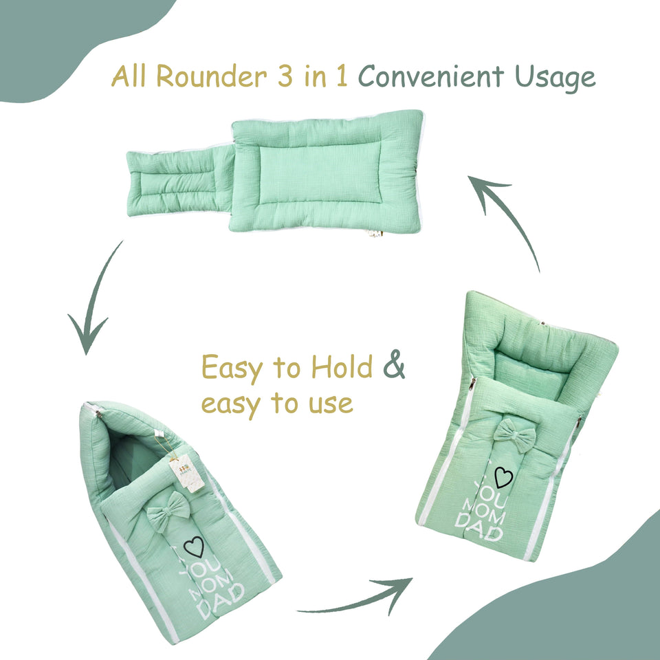 Fareto Newborn Baby 100% Muslin Cotton Bedding Set Combo | Sleeping Bag | Mattress with Net | Nest  | Blanket | Hand Carry Bed & Bolster Set |  (0-6 Months)(F735)