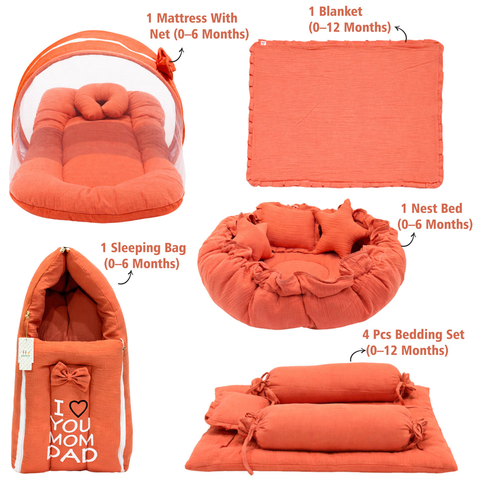 Fareto Newborn Baby 100% Muslin Cotton Bedding Set Combo | Sleeping Bag | Mattress with Net | Nest  | Blanket | Hand Carry Bed & Bolster Set |  (0-6 Months)(F742)