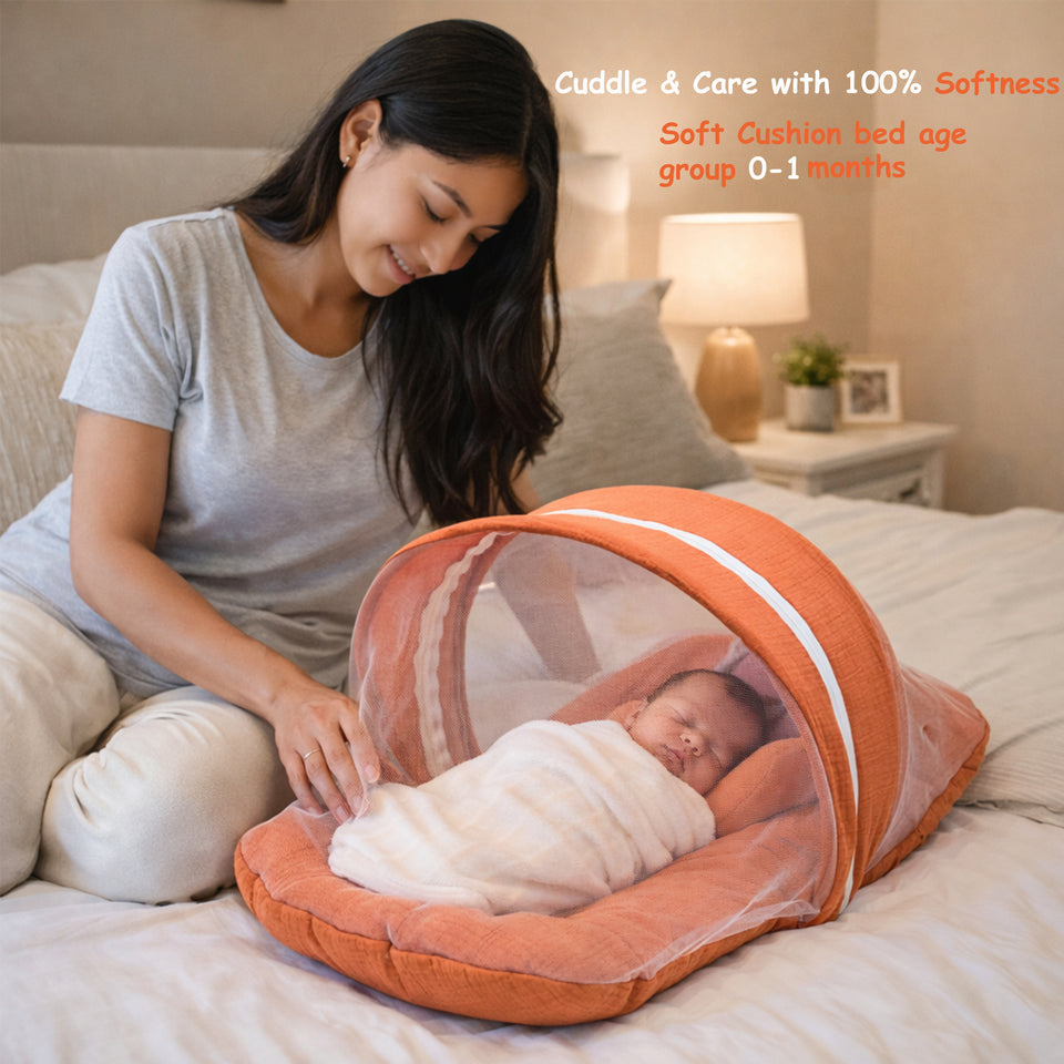 Fareto Newborn Baby 100% Muslin Cotton Bedding Set Combo | Sleeping Bag | Mattress with Net | Nest  | Blanket | Hand Carry Bed & Bolster Set |  (0-6 Months)(F742)