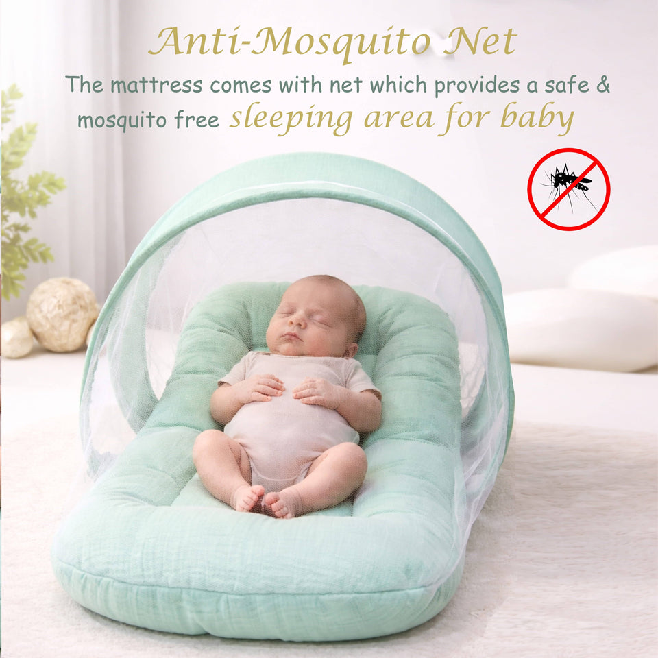 Fareto Newborn Baby 100% Muslin Cotton Bedding Set Combo | Sleeping Bag | Mattress with Net | Nest  | Blanket | Hand Carry Bed & Bolster Set |  (0-6 Months)(F735)